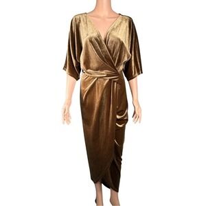 Baltic Born Velvet Wrap Dress Bronze Gold V-Neck Midi Occasion DD4769 Womens L